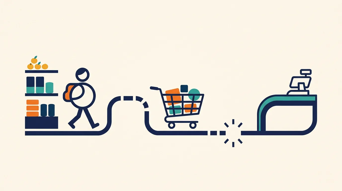 Illustration of a customer journey with the tracking line breaking just before the checkout step