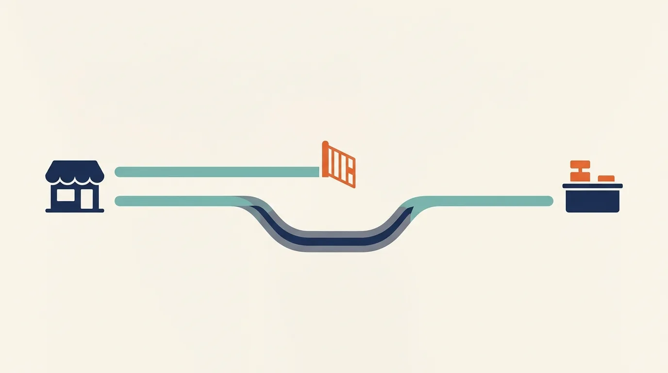 Illustration contrasting a blocked surface-level path with an underground path both leading to the same checkout counter
