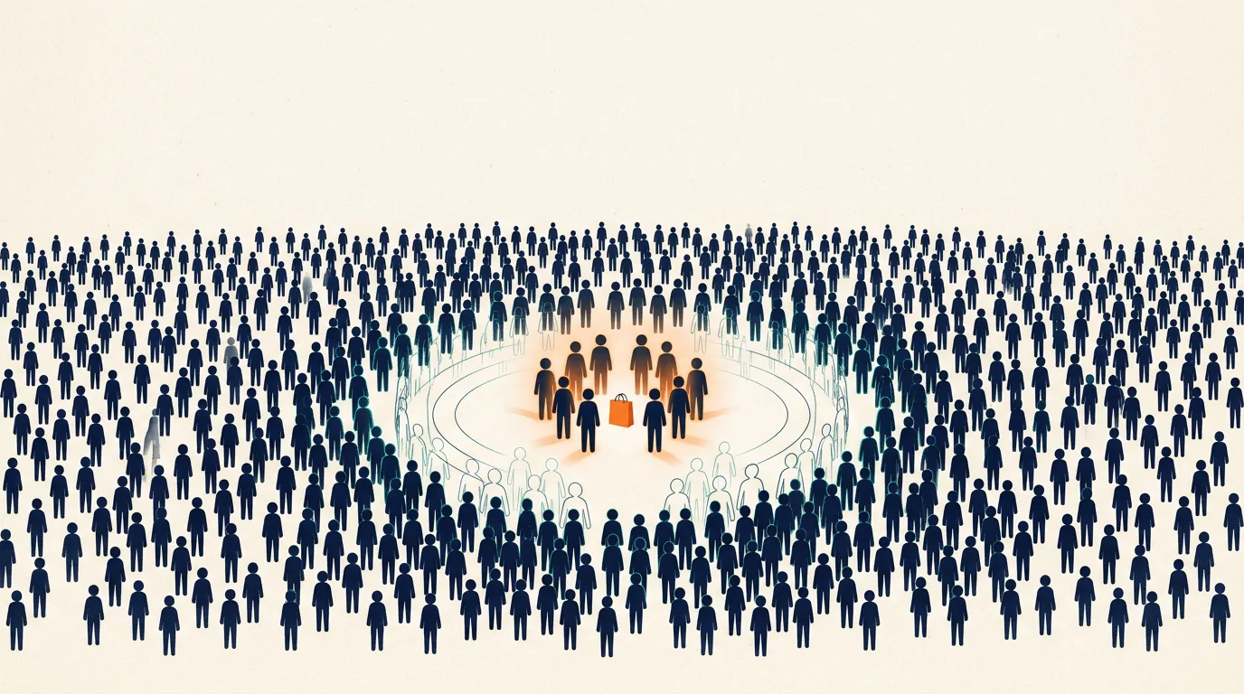Illustration of a lookalike audience being generated from a small glowing group within a much larger crowd