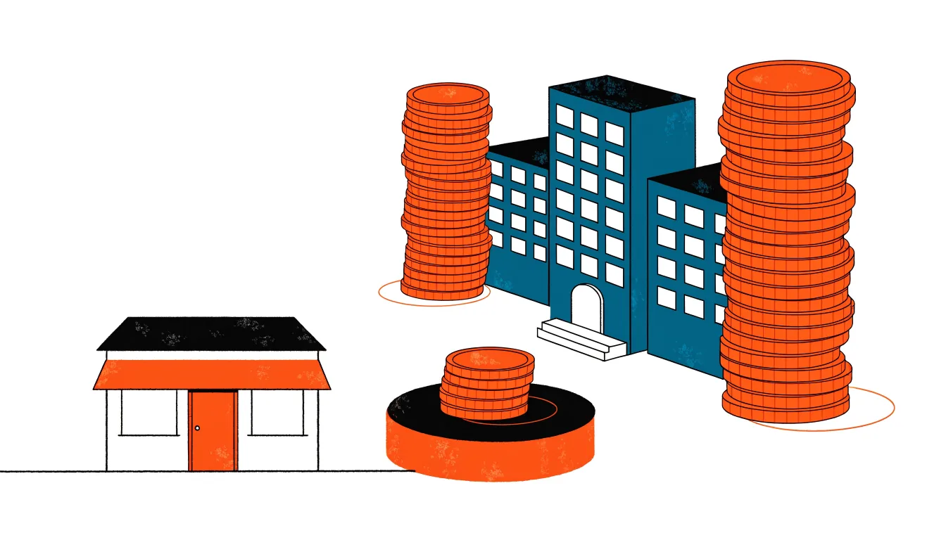 A small shop's modest bid dwarfed by large brands' stacks of coins at an auction counter