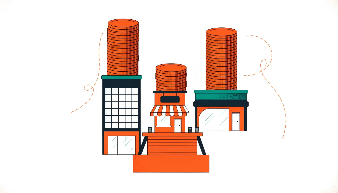 Illustration of a small shop's modest coin stack between two corporate buildings with towering stacks of coins