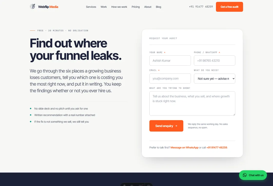 Free audit landing page — a landing page built by Webflip Media